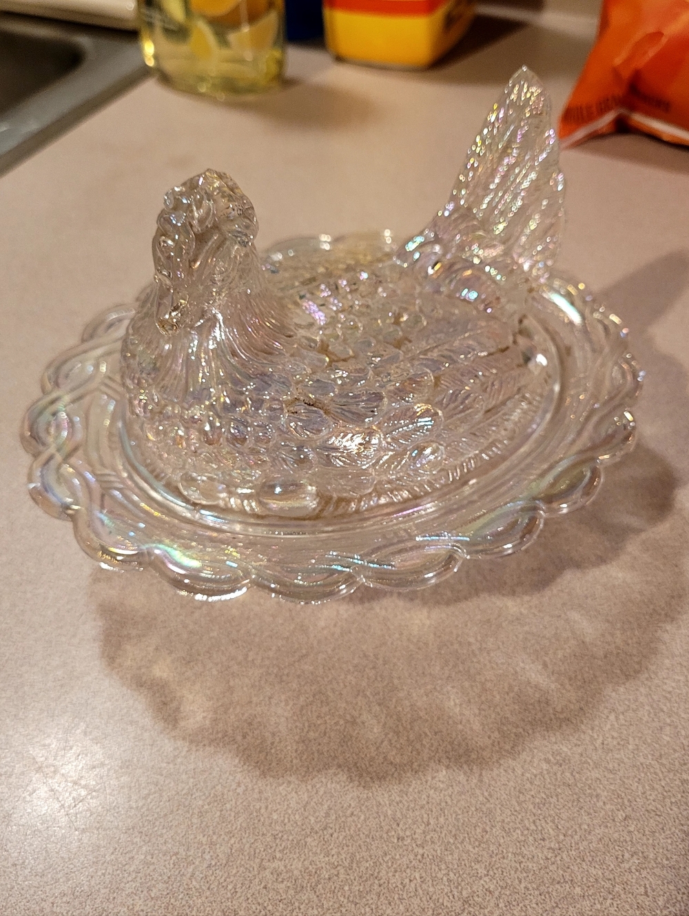 Iridescent Glass Hen on Nest Covered Dish - Clear